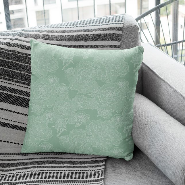 Coussin Sage vert floral blanc motif élégant moderne (Créateur téléchargé)