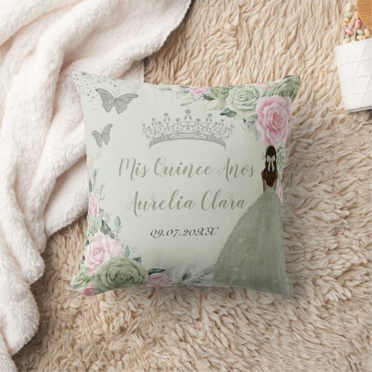 Coussin Sage Vert rose Floral Argent Quinceañera Keepsaké (Couverture)