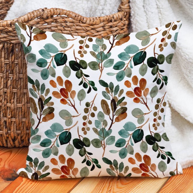 Coussin Sage vert rouille feuilles vertes blanches automne (Teal and rust watercolor leaves on white pillow)