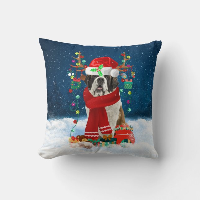 Coussin Saint Bernard chien avec cadeaux de Noël (Recto)