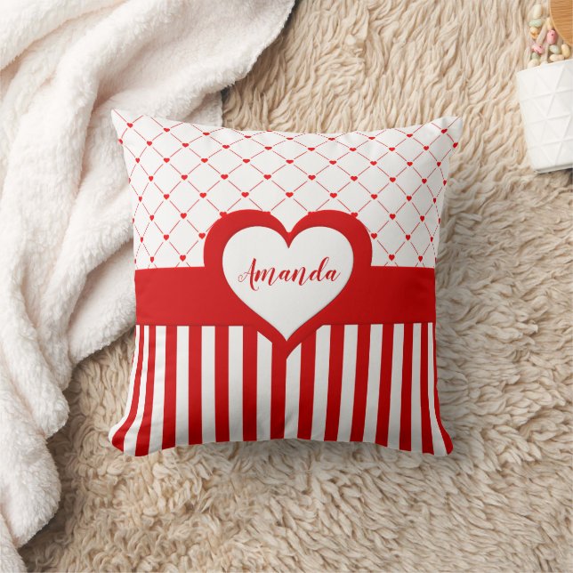 Coussin Saint Valentin Rouge Blanc Coeur Motif rayé (Couverture)