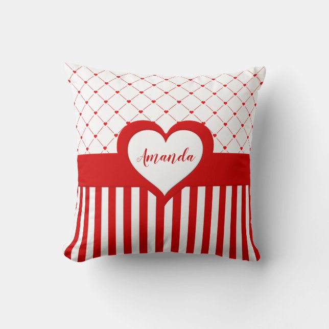 Coussin Saint Valentin Rouge Blanc Coeur Motif rayé (Recto)