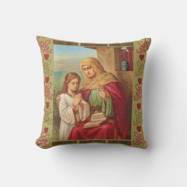 Coussin Sainte Anne Vierge Enfant Marie Grand-mère Coeurs (Recto)