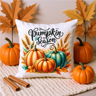 Coussin Saison des citrouilles – lettrage à l'aquarelle Co