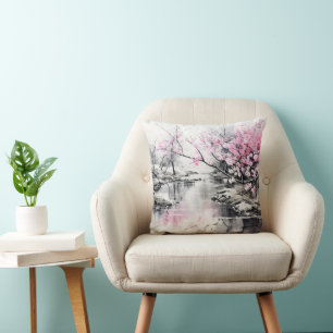 Coussin Sakura fleurissant sur la peinture à l'encre de ri
