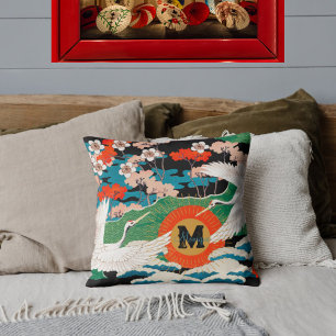 Coussin Sakura japonais vintage et Grues à couronne rouge