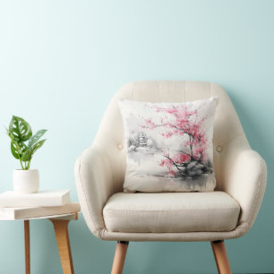 Coussin Sakura sur la peinture à l'encre du lac