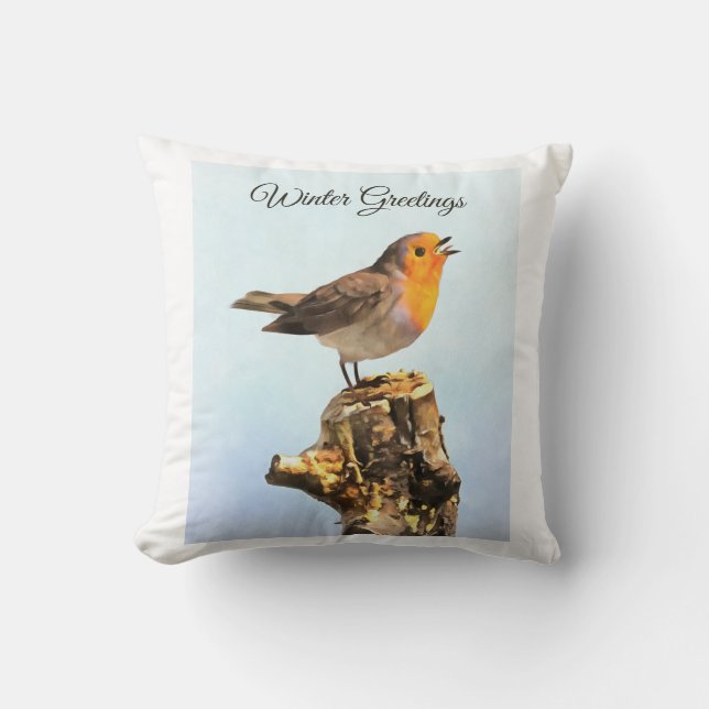 Coussin Salutations d'hiver. Rouge-gorge chantant  (Recto)