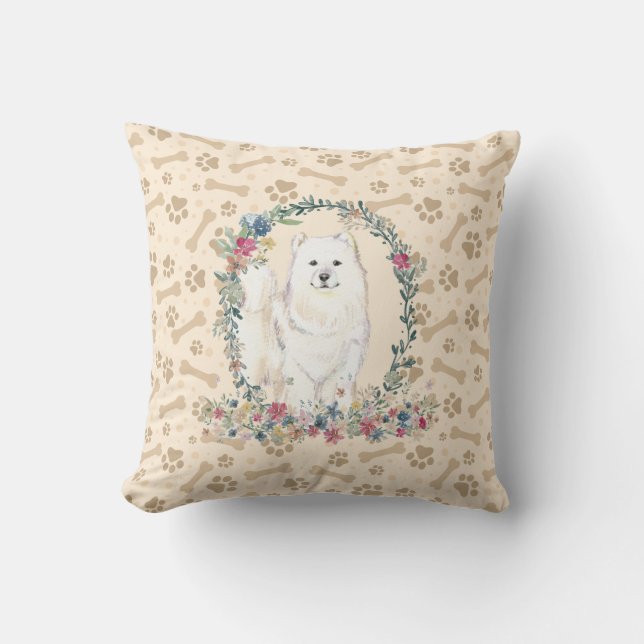 Coussin Samoyed Chien Empreinte de patte & Floral Cute (Recto)