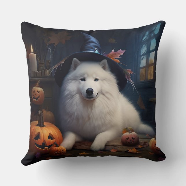 Coussin Samoyed Citrouilles Halloween Effrayant (Verso)