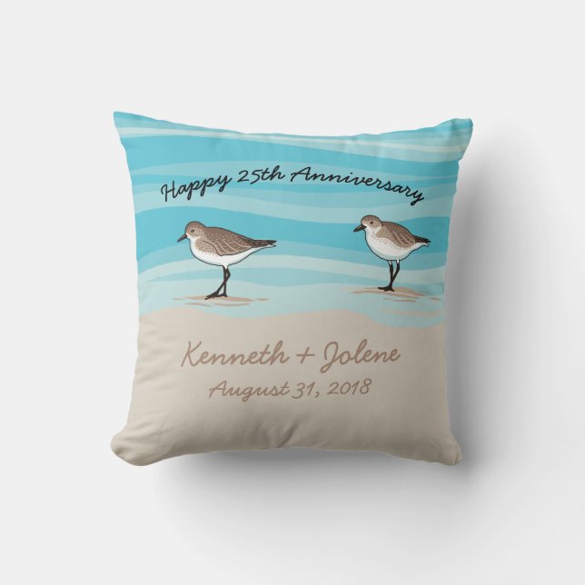 Coussin Sandpipers sur la plage, Anniversaires dans le sab (Recto)