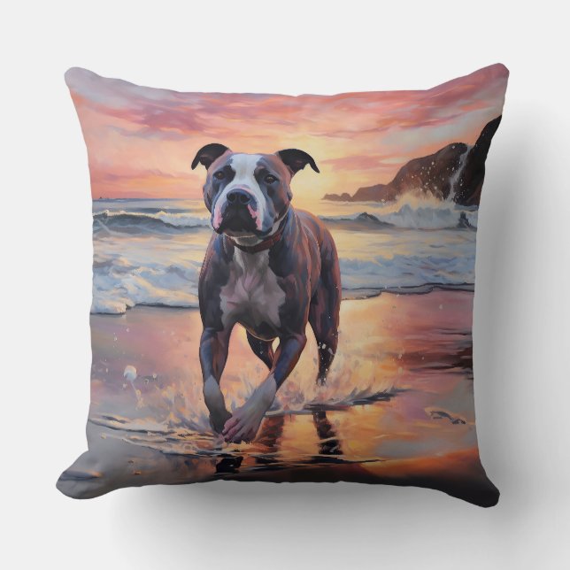 Coussin Sandy American Staffordshire Dog on Beach Sunset (Recto)