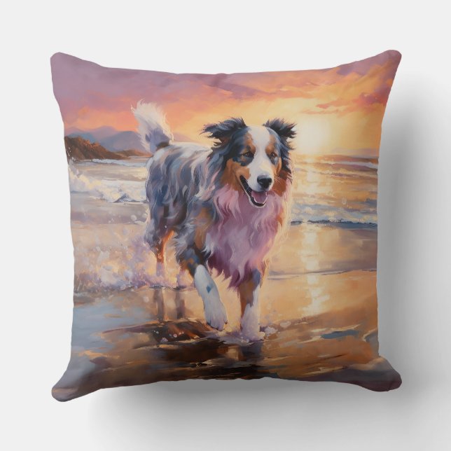 Coussin Sandy Australian Shepherd Dog on Beach Sunset (Verso)