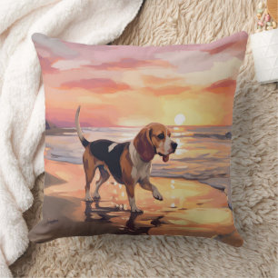 Coussin Sandy Paws Beagle Chien sur Plage Coucher de Solei