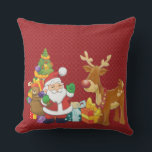 Coussin Santa and Reindeer par Christmas Tree with Present<br><div class="desc">Une jolie illustration avec l'esprit de fête. Le Père Noël portant son sac cadeau et saluant. Son ami renne à ses côtés,  suspendu par un sapin décoré,  avec des cadeaux tout autour. Placez-vous sur un arrière - plan rouge avec des cercles fantaisistes. Design festif et gai.</div>