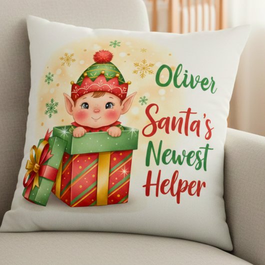 Coussin Santa’s Newest Helper Christmas Cute Elf Gift Box