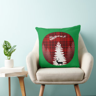 Coussin sapin de noël cerf père noël carreaux rouges