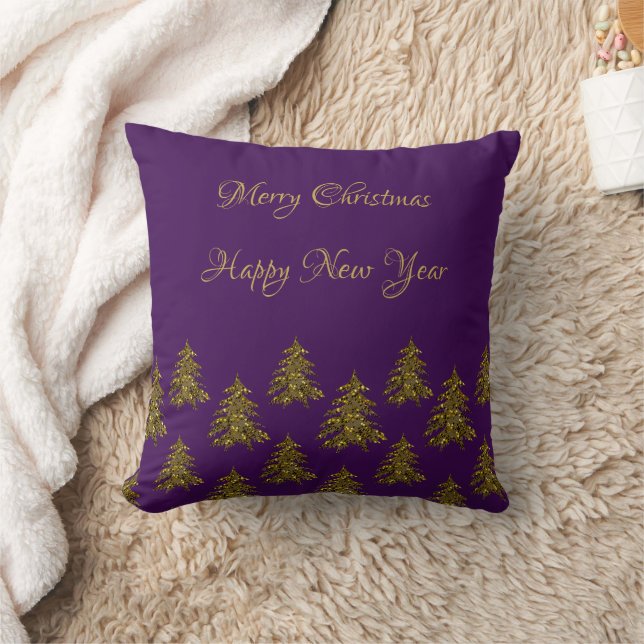 Coussin Sapin de Noël doré scintillant sur fond violet de  (Couverture)