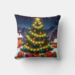 Coussin Sapin de Noël lumineux dans un village enneigé la