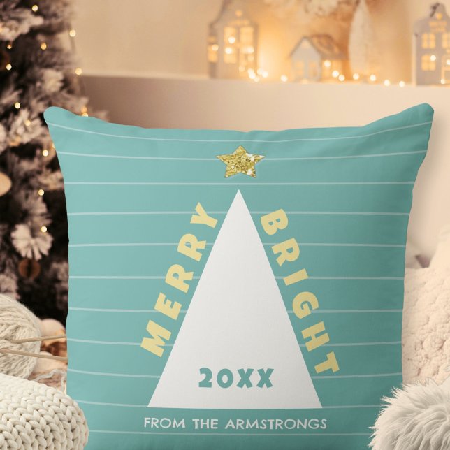 Coussin Sapin de Noël minimaliste turquoise (Turquoise Minimalist Christmas Tree Throw Pillow ©Susanne Sachers - Sunny Mind 🌞)