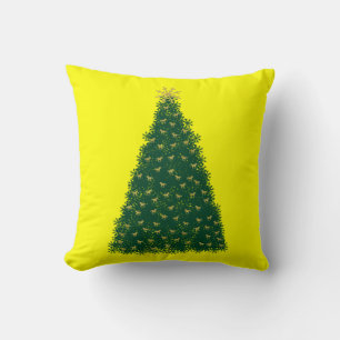 Coussin Sapin de Noël vert, Chevaux au galop dorés, Jaune