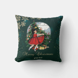 Coussin Sapin de Noël Vintage, Petite Fille Flocons de Nei