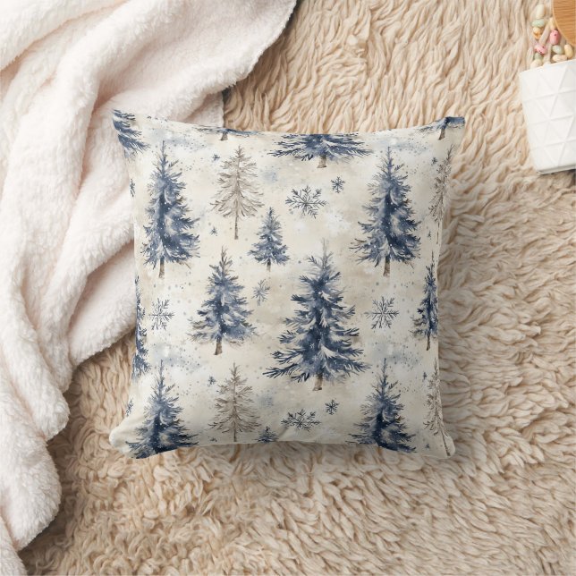 Coussin Sapins de Noël Flocons de neige Crème Bleue (Couverture)