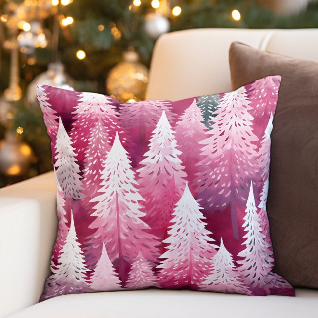 Coussin Sapins de Noël Pins Roses (Pink and white Christmas tree pillow)