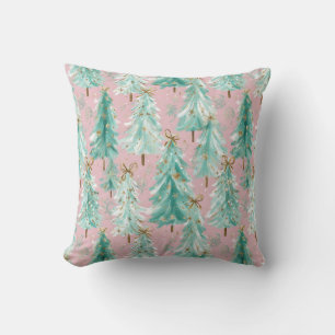 Coussin Sapins de Noël sarcelle fantaisistes sur rose