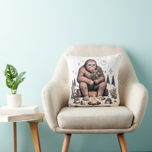 Coussin Sasquatch tenant des fleurs