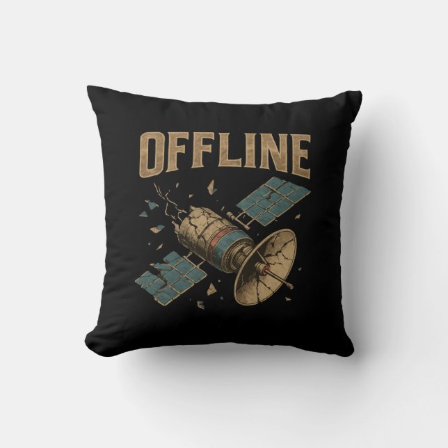 Coussin Satellite Rétro Cassé "HORS LIGNE" Art Spatial (Recto)