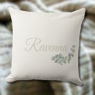 Coussin Sauge Eucalyptus Ivoire Élégant Nom Personnalisé