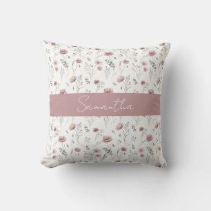 Coussin Sauge verte aquarelle Fleur sauvage rose poussiére