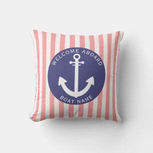 Coussin Saumon Bleu Marine Rayure Bateau Nom Ancre Côtière