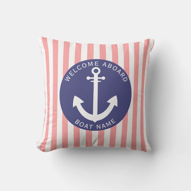 Coussin Saumon Bleu Marine Rayure Bateau Nom Ancre Côtière (Recto)