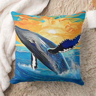 Coussin Saut de coucher de soleil de baleine à bosse Art