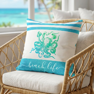 Coussin Scénario de vie de la plage de poulpe bleu turquoi