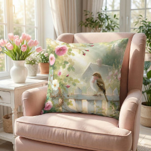 Coussin Scène aquarelle de rose de jardin et d'oiseau