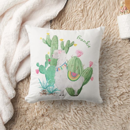 Coussin Scène blanche mignonne de lama et de cactus - (Couverture)