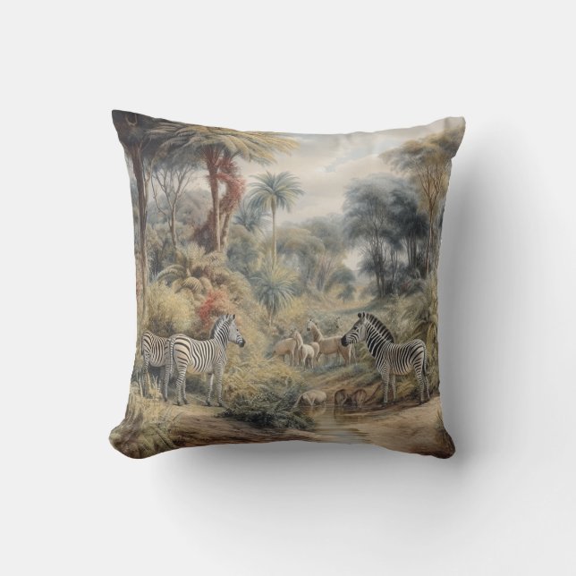 Coussin Scène botanique de zèbres dans une oasis (Recto)