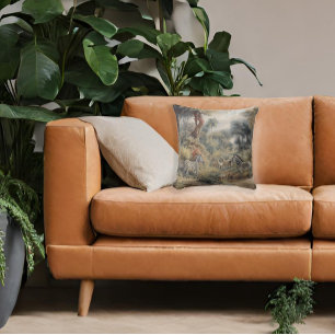 Coussin Scène botanique de zèbres et lions dans une oasis