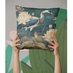Coussin Scène botanique vintage grue bleue et lotus
