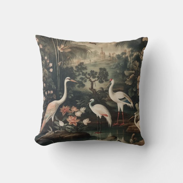 Coussin scène botanique vintage oiseau blanc et palais (Recto)