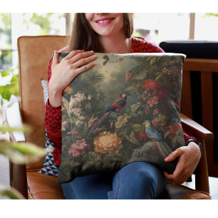 Coussin Scène botanique vintage oiseaux fleurs au paradis