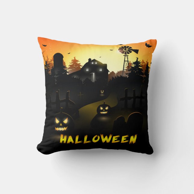 Coussin Scène Citrouille d'Halloween effrayant (Recto)