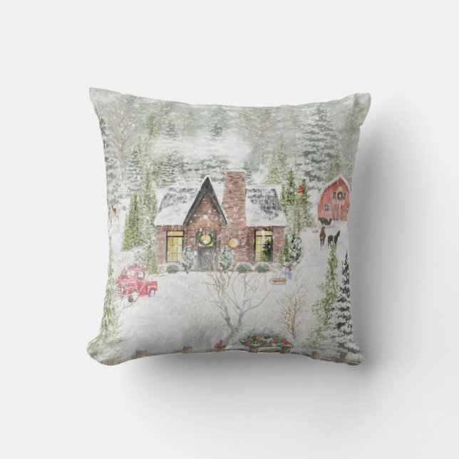 Coussin Scène de cabane de Noël en hiver enneigé (Recto)