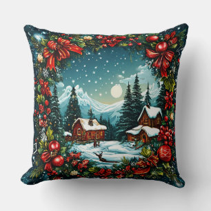 Coussin Scène de cabane hivernale festive avec couronne de