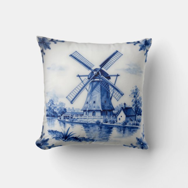 Coussin Scène de canal classique avec moulin à vent bleu d (Recto)