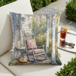 Coussin Scène de chaise berçante sous la glycine sur une v