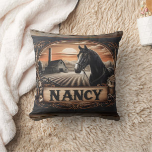 Coussin Scène de cheval et de ferme avec plaque signalétiq